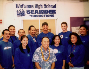 Chris Lee with Waianae High School Searider Productions' Founder Candy Suiso and students