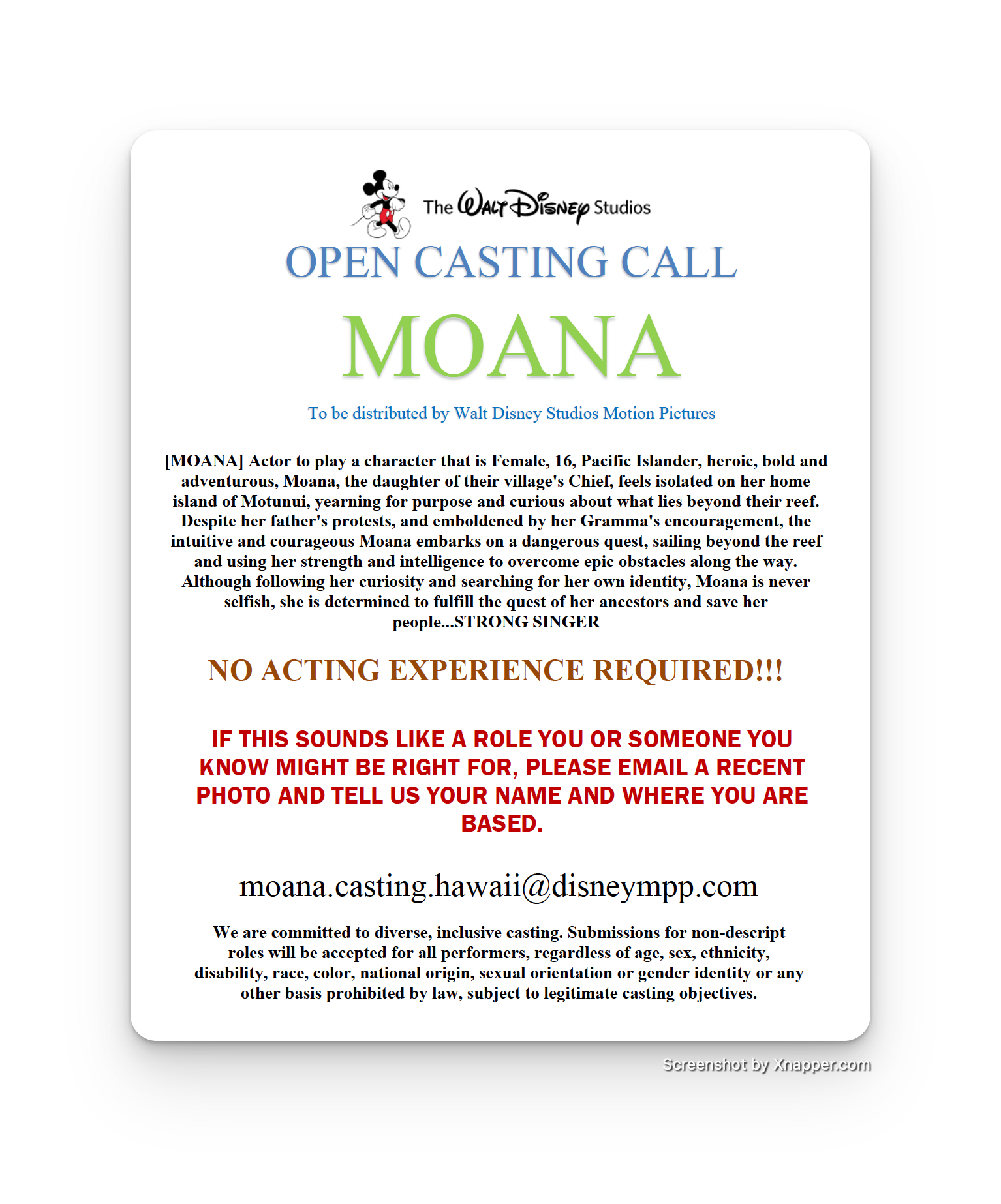 Open Casting Call for LiveAction Disney’s Moana Academy for Creative